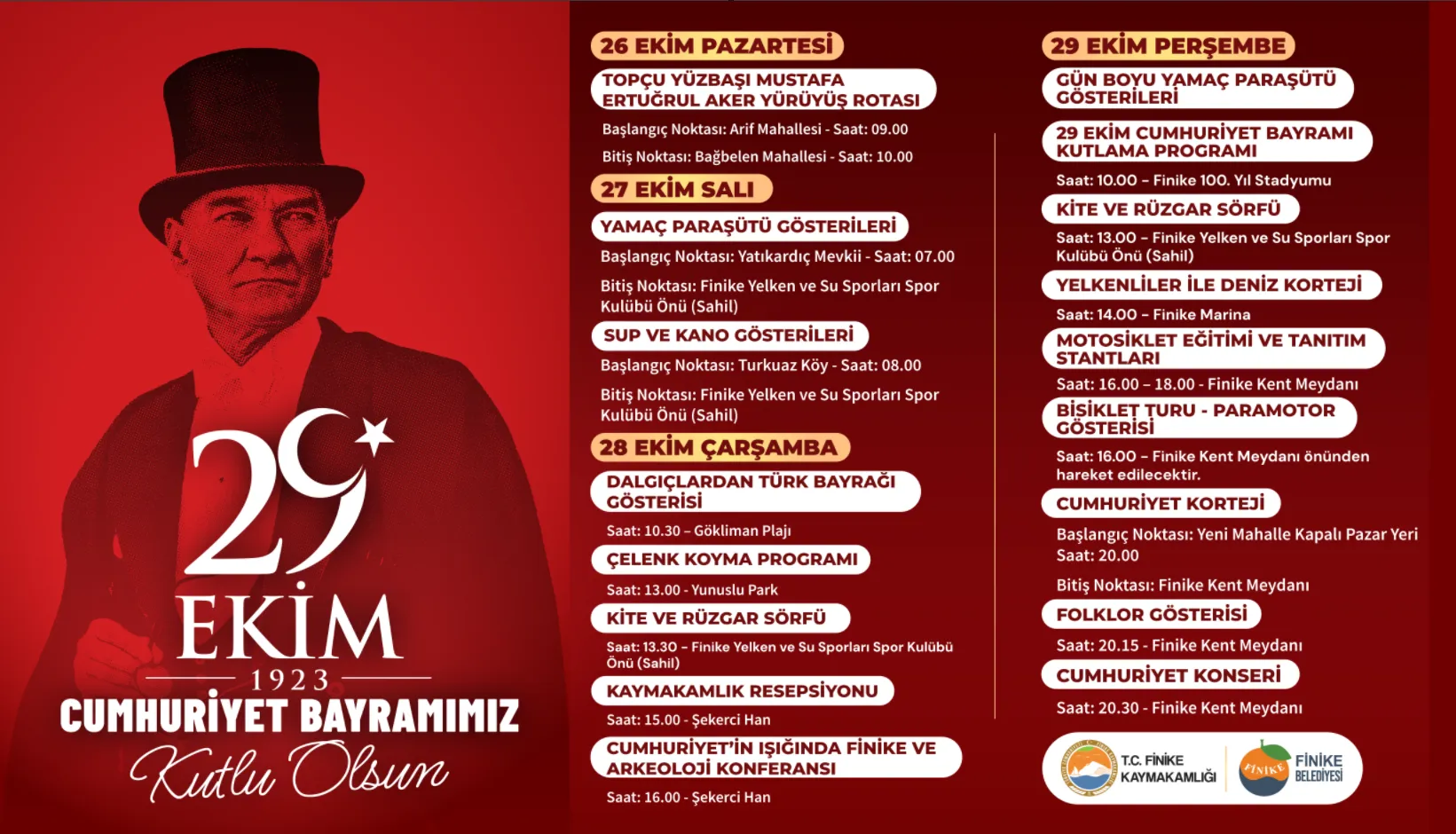 Finike’de Cumhuriyet Bayramı Coşkusu 26-29 Ekim’de Yaşanacak